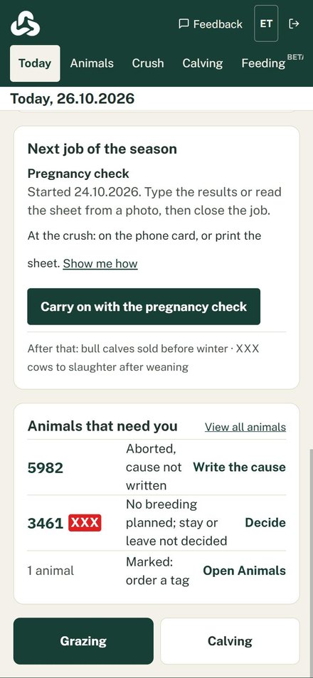 Kari on the phone, Today: the next job of the season is the pregnancy check, and the animals that need attention