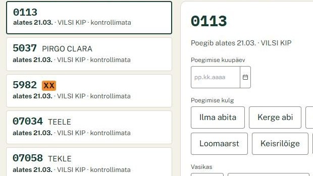 Poegimisnimekiri ja poegimise vorm: poegimise kulg, vasikas, udara kinnitus
