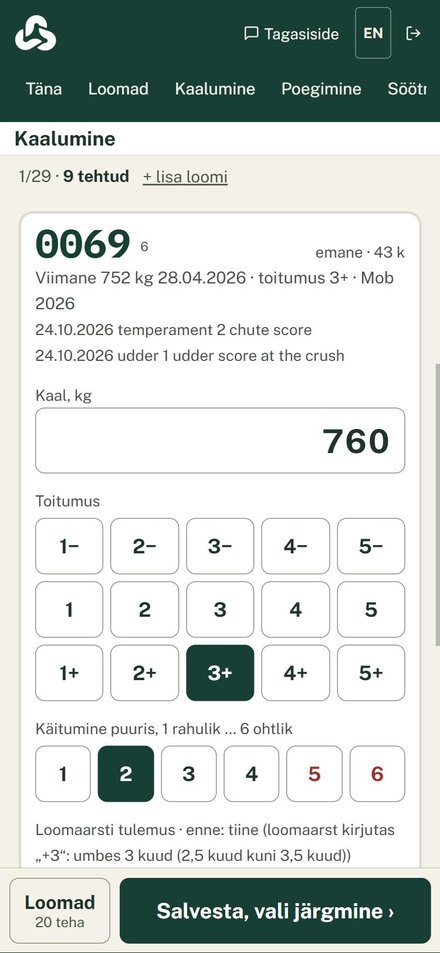 Kari telefonis: kaalumise kaart lehmale 0069, kaal 760 kg ja toitumuse nupud