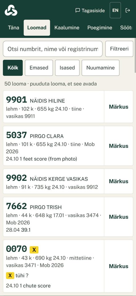 Kari telefonis: demokarja loomade nimekiri, igal loomal vanus, viimane kaal, tiinus ja vasikas