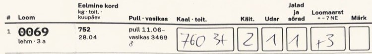 A hand-filled sheet row: 0069, 760 3+